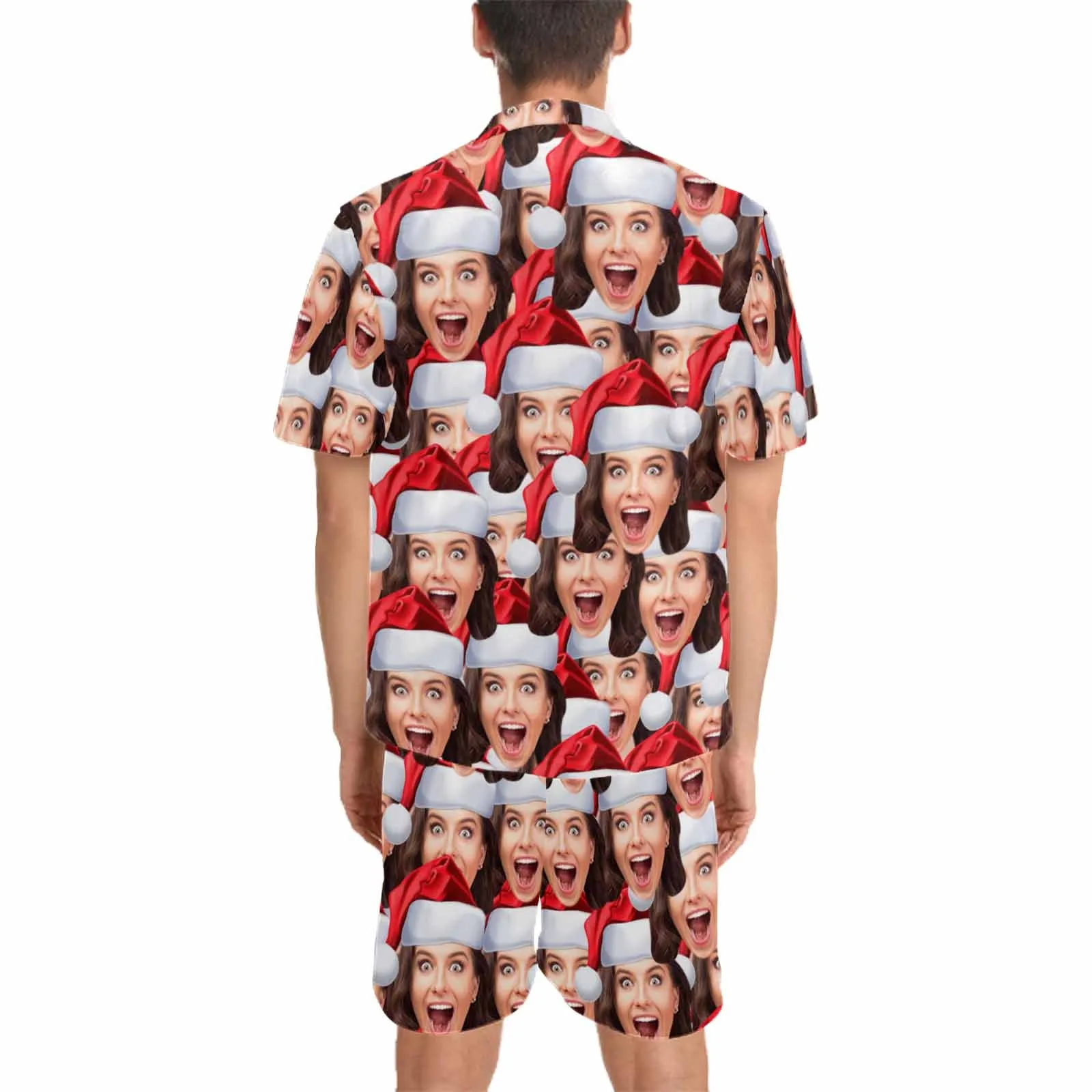 Couple Matching V-Neck Short Pajamas Custom Seamless Face Christmas Hat Pajama Sets Sleepwear Loungewear