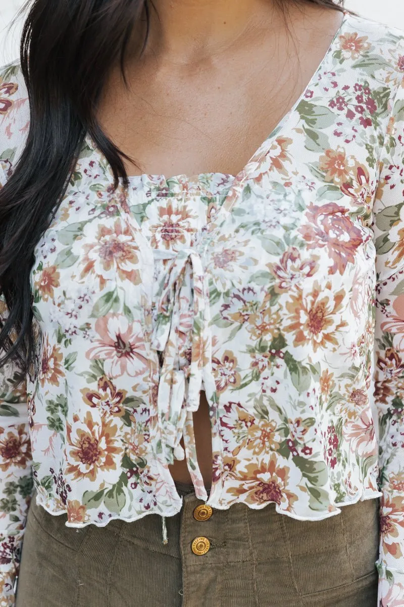 Cream Floral Mesh Smocked Blouse - FINAL SALE