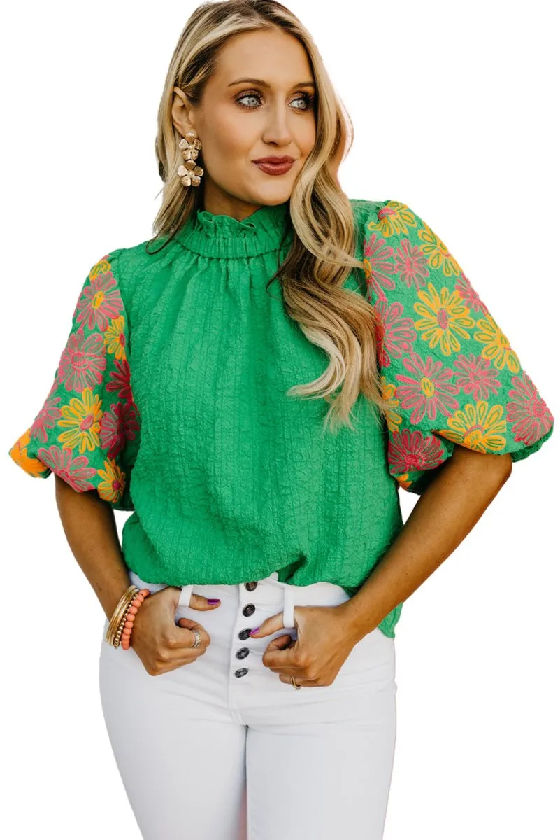 Crinkled Bright Green Ruffled Floral Blouse