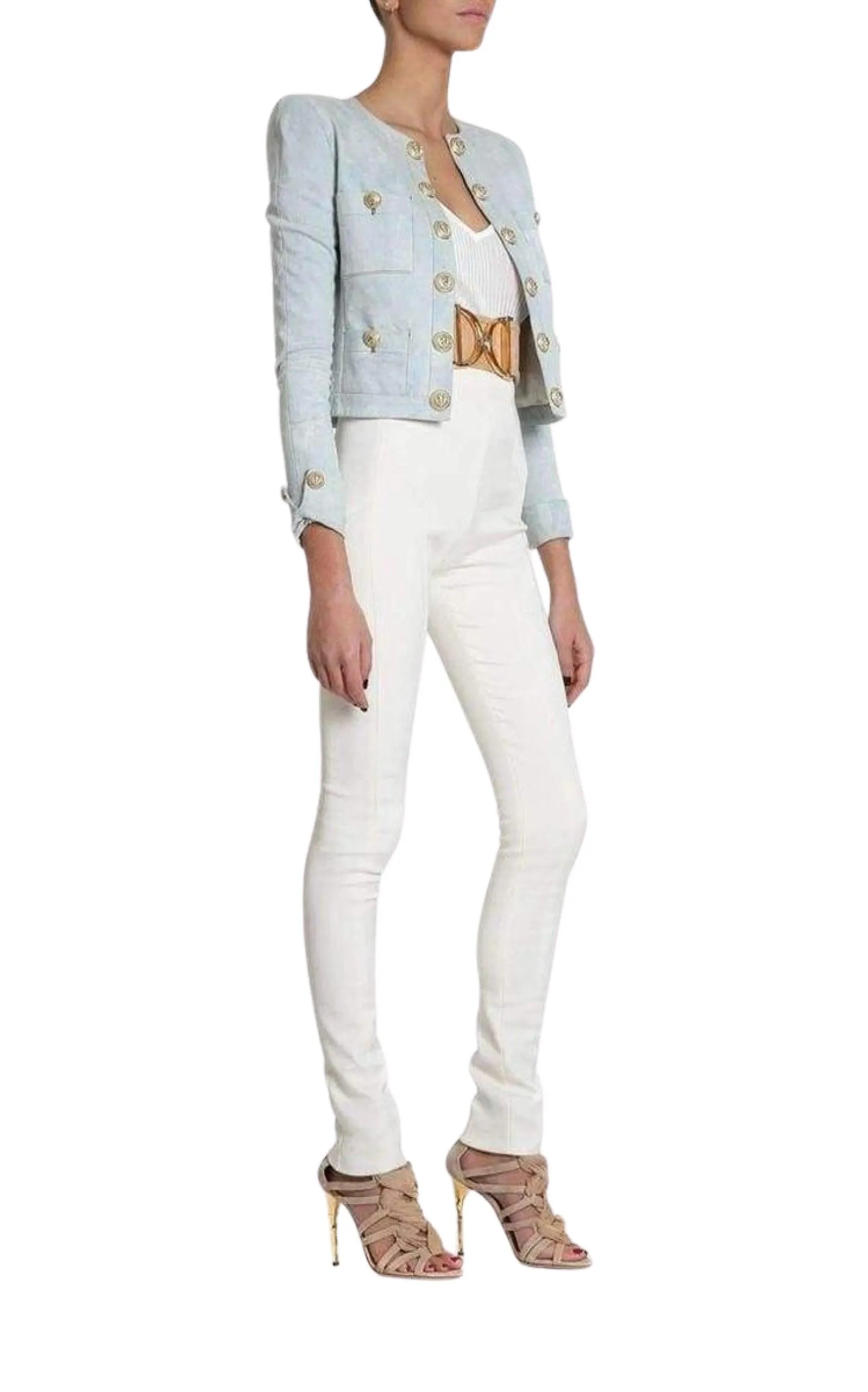 Cropped Stretch Cotton Denim Blazer