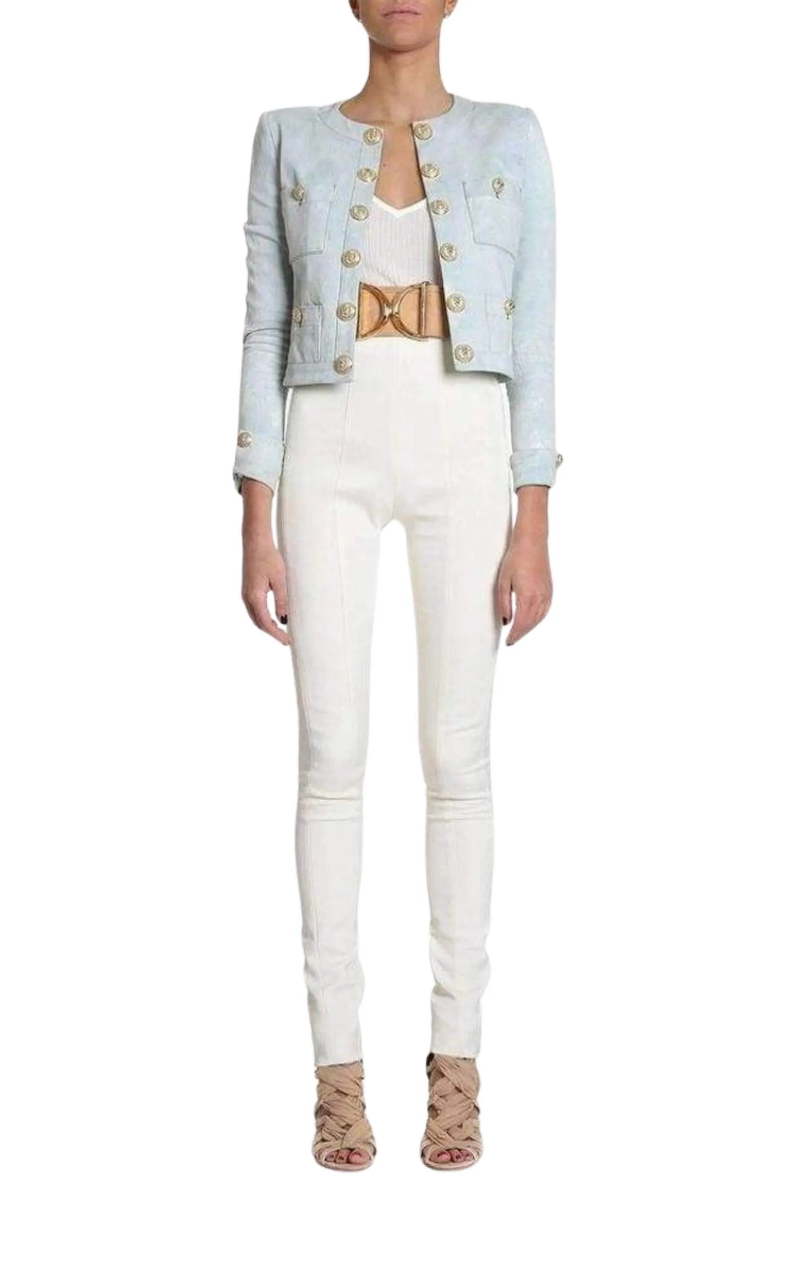 Cropped Stretch Cotton Denim Blazer