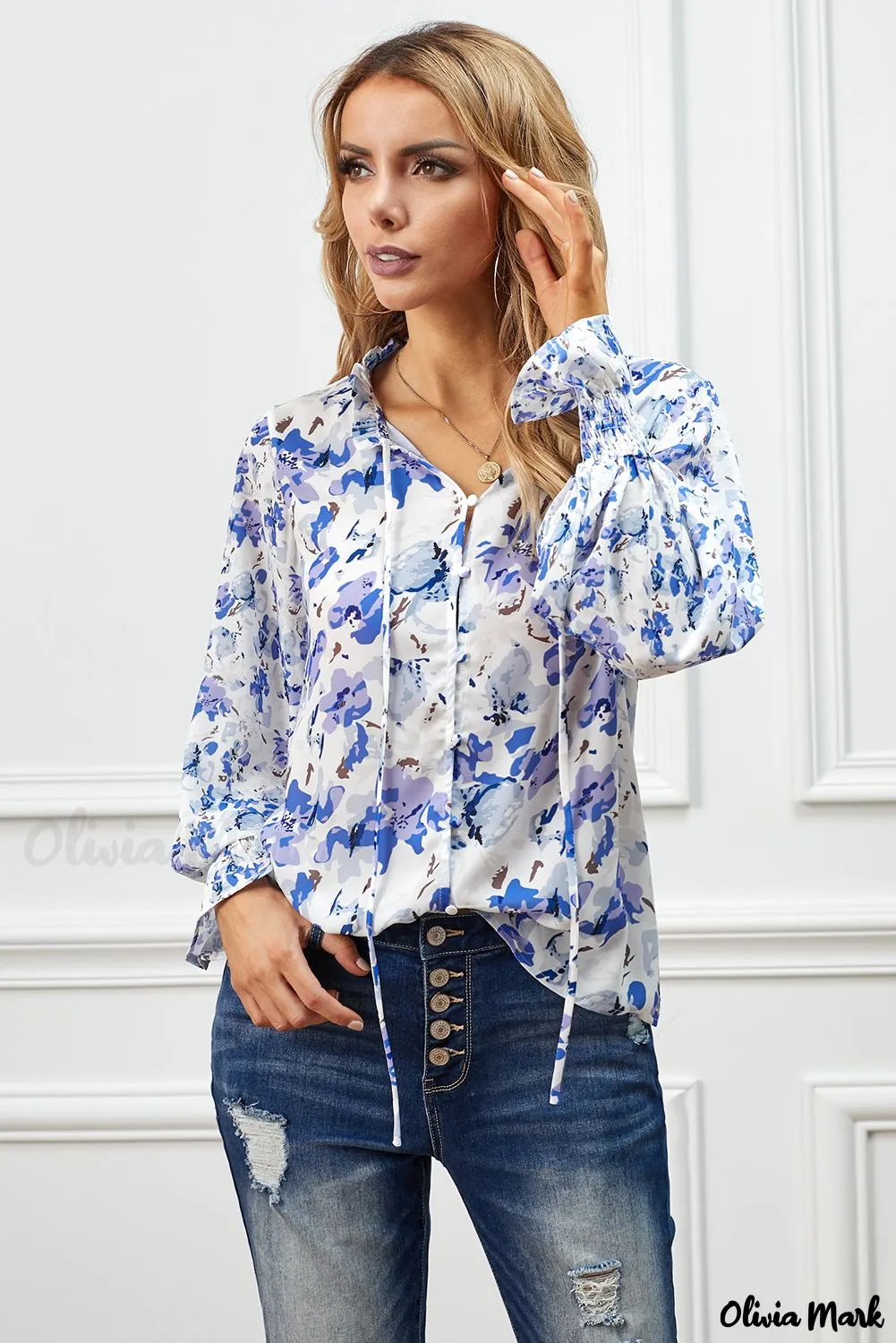 Deanwangkt - Blue Floral Smocked Blouse Cakewalk