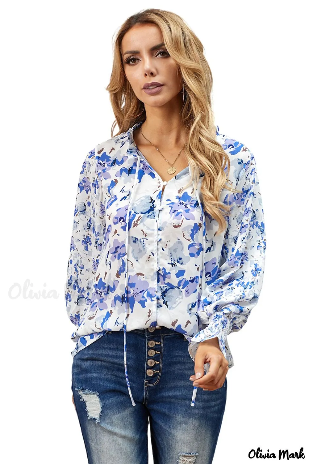 Deanwangkt - Blue Floral Smocked Blouse Cakewalk