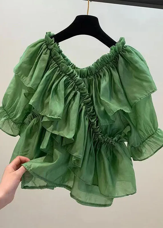 DIY Green Ruffled Patchwork Chiffon Blouses Summer LY0611