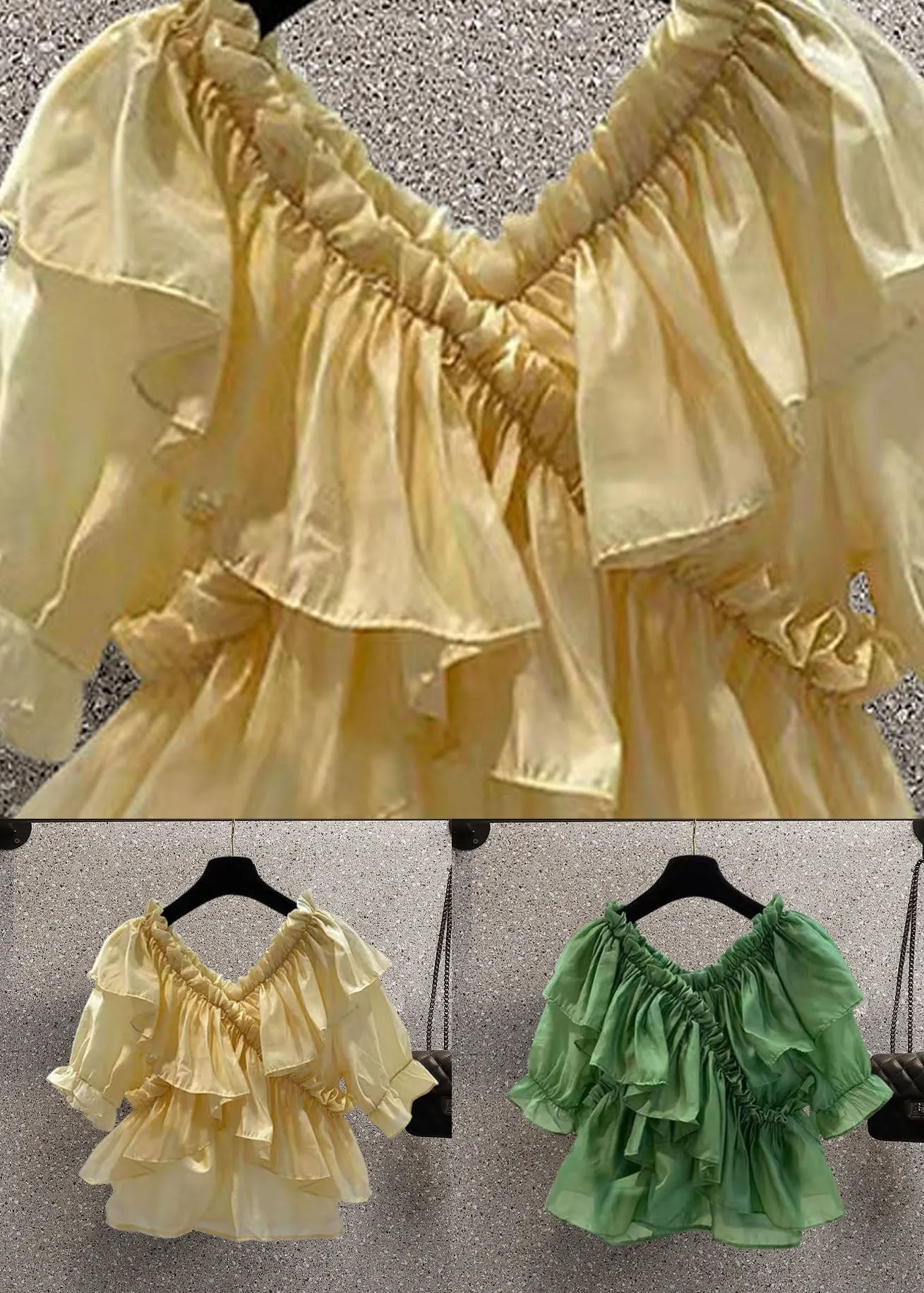 DIY Green Ruffled Patchwork Chiffon Blouses Summer LY0611