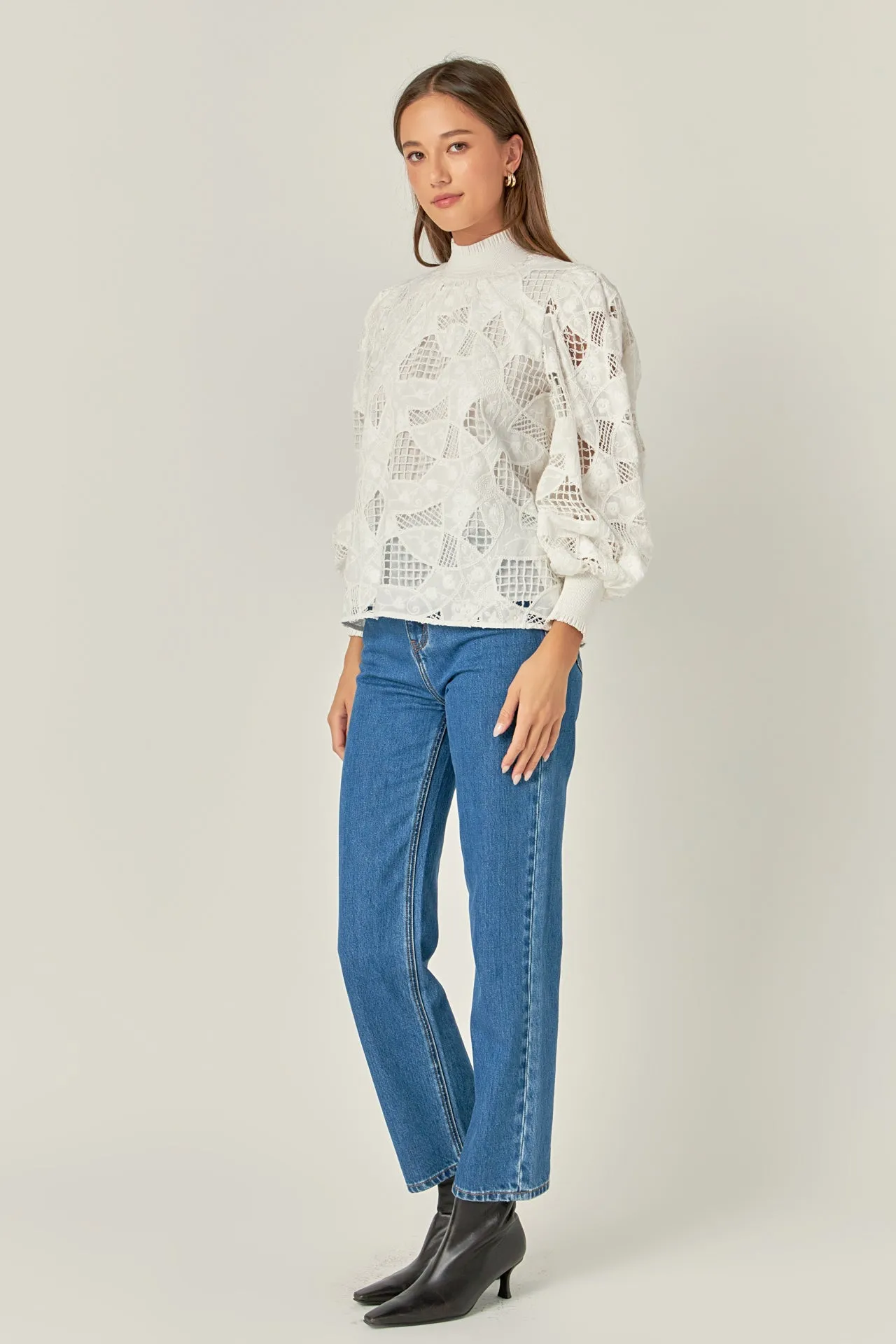 Embroidered Cotton Blouse with Smocked Neck