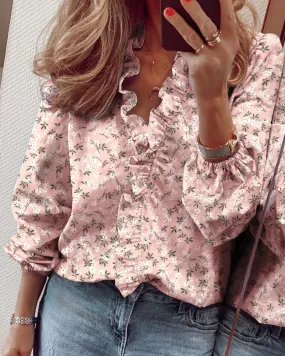 Fashion spring and summer printed V-neck ruffled long-sleeved ladies shirt