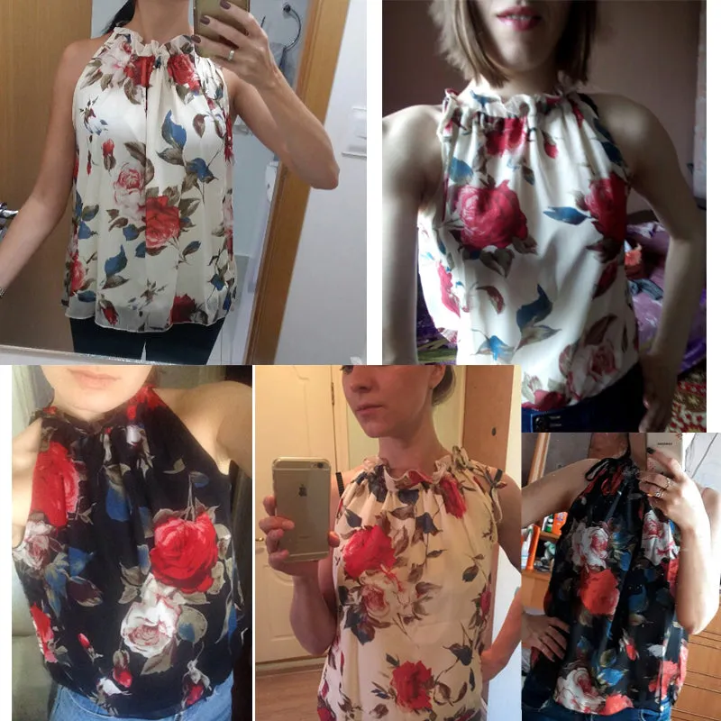 Floral Print Sleeveless Tops Loose Female Casual Blouses