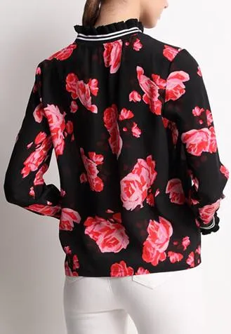 Floral-Printed Ruffled Silk Blouse, Black