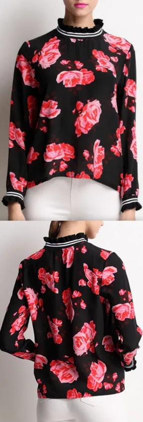 Floral-Printed Ruffled Silk Blouse, Black