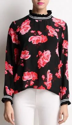 Floral-Printed Ruffled Silk Blouse, Black