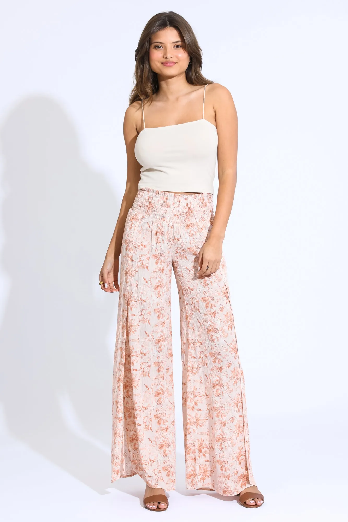 FLORAL SMOCKED FRONT WRAP WIDE LEG PANT - Sandy Floral