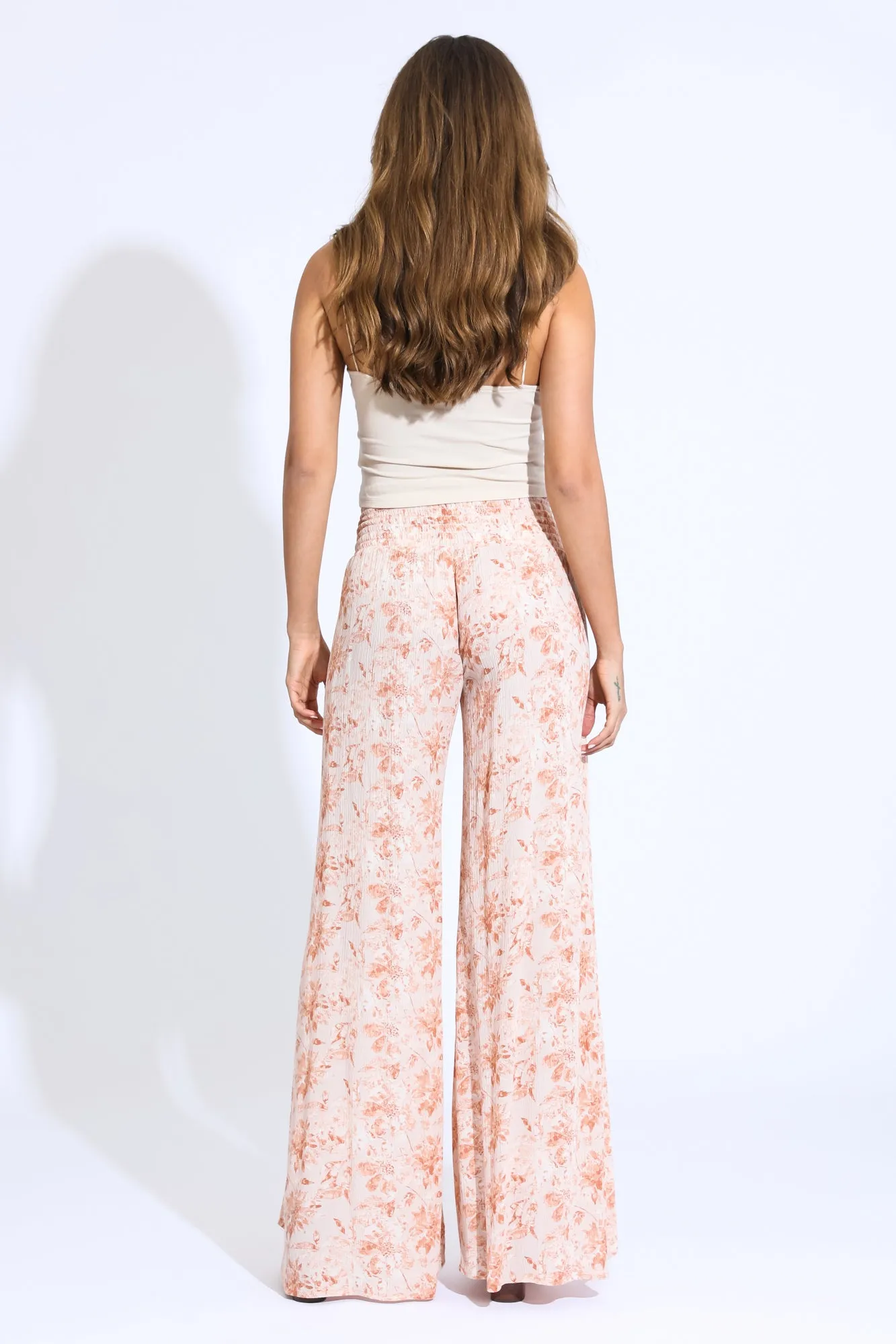 FLORAL SMOCKED FRONT WRAP WIDE LEG PANT - Sandy Floral