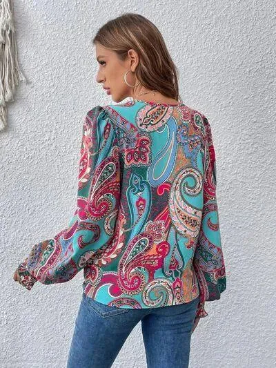 Get Noticed in Style: Printed Surplice Smocked Lantern Sleeve Blouse