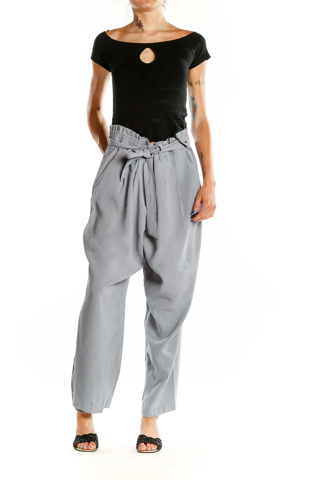 Gray Paperbag Waist Wide-Leg Pants