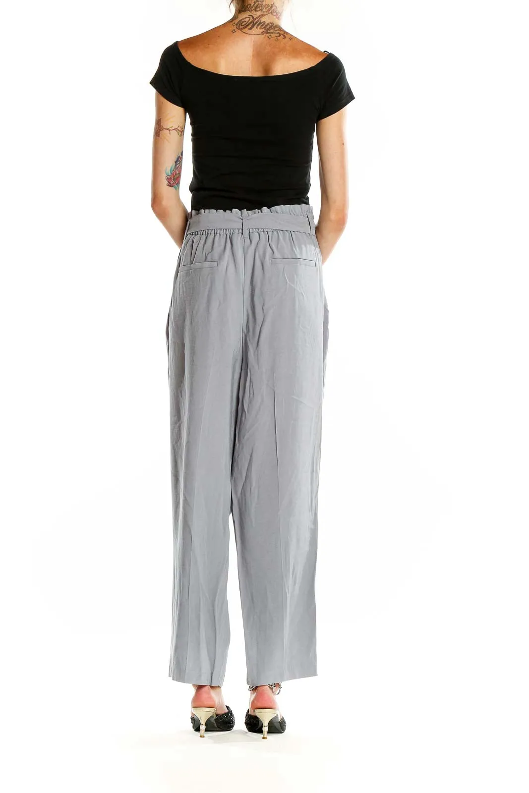 Gray Paperbag Waist Wide-Leg Pants