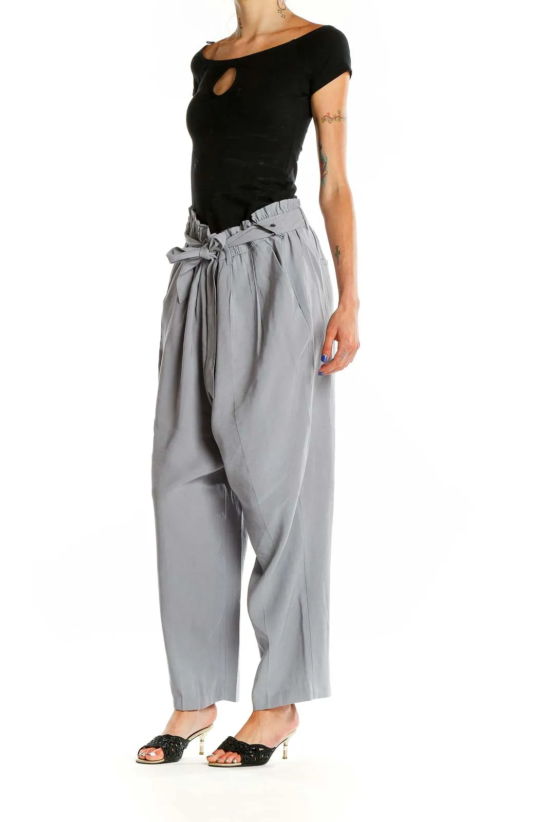 Gray Paperbag Waist Wide-Leg Pants