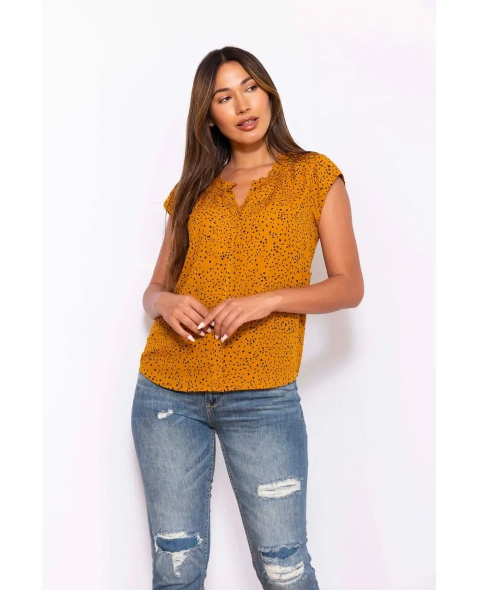 Hazel Smocked Top with Split V-Neck Gold