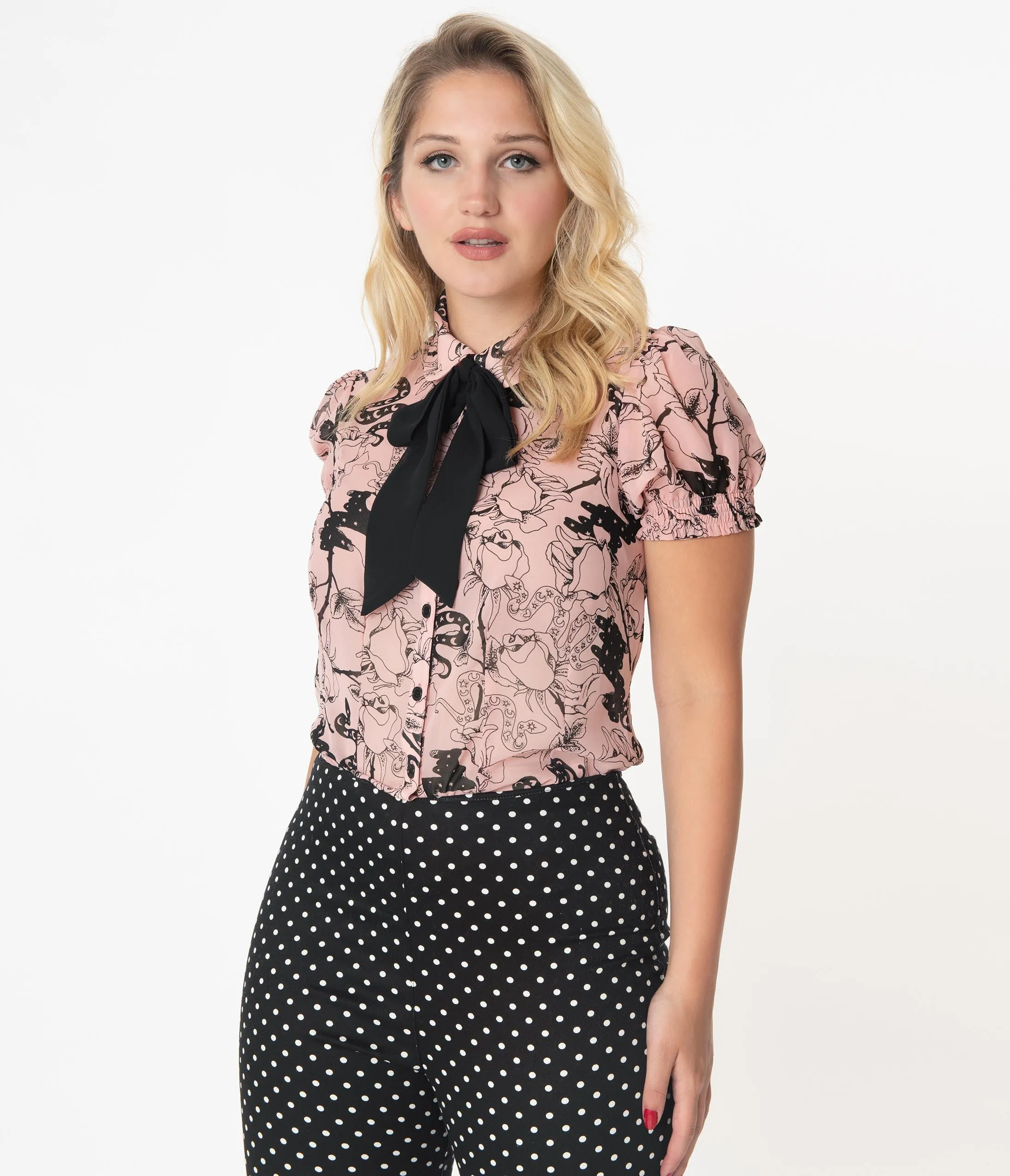 Hell Bunny Pink & Black Floral Print Fiona Blouse