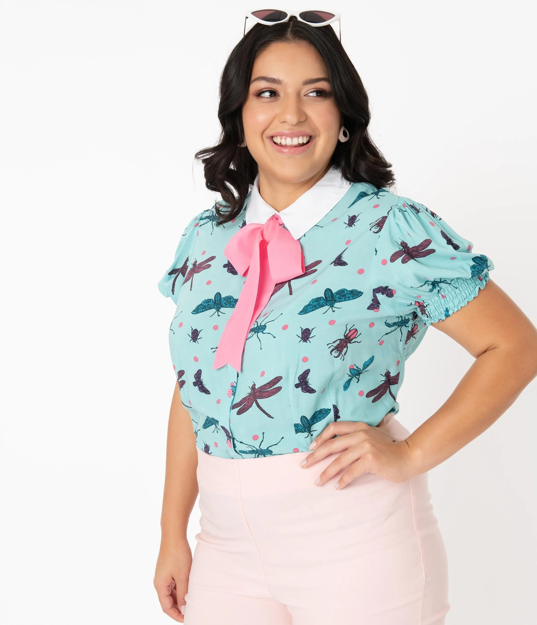 Hell Bunny Plus Size Aqua Blue Bugs Life Print Blouse