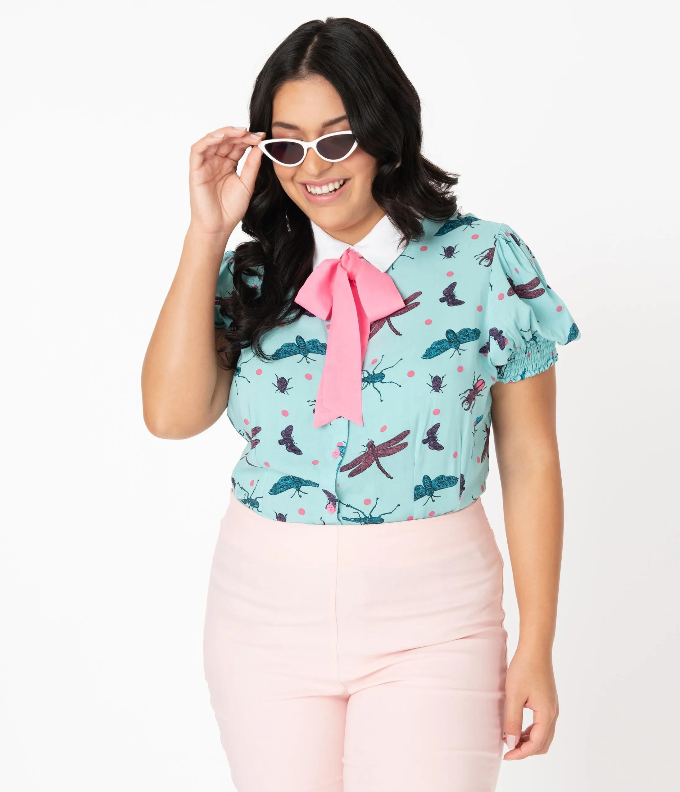 Hell Bunny Plus Size Aqua Blue Bugs Life Print Blouse