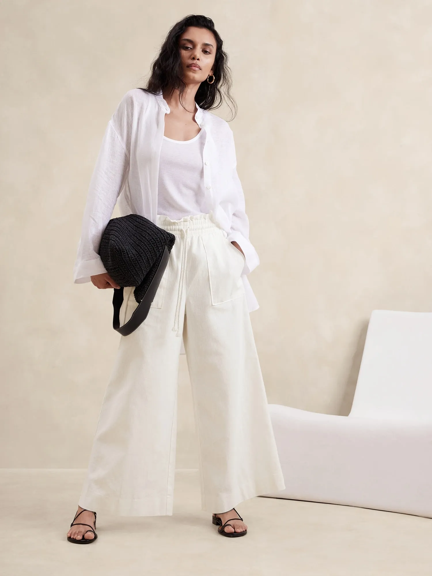 Hemp-Cotton Wide-Leg Paperbag Pant