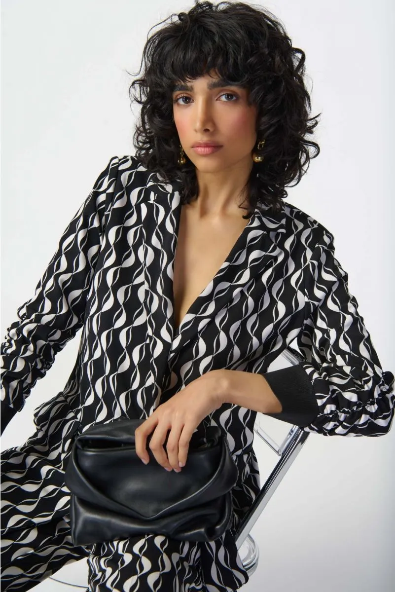 Joseph Ribkoff Black/Moonstone Wavy Geometric Print Longline Blazer Jacket 241147