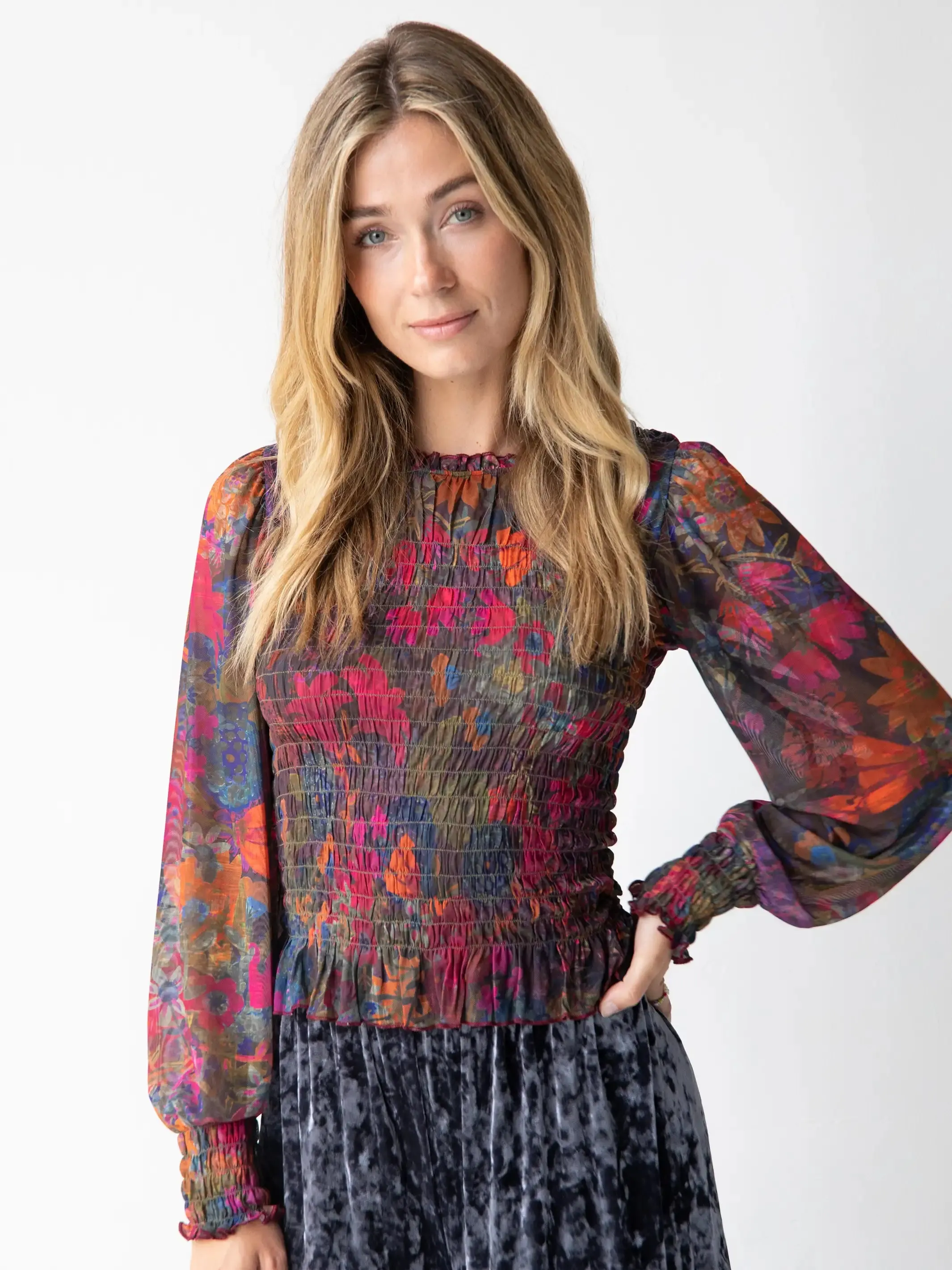 Juliana Mesh Smocked Top - Dark Floral Garden