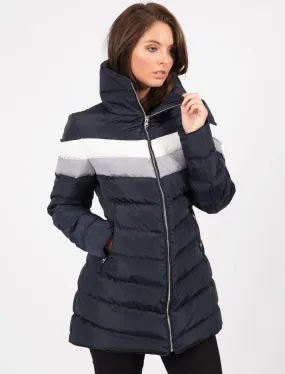 Kernel Longline Puffer Coat with Chevron Panel In Navy Blazer - Tokyo Laundry