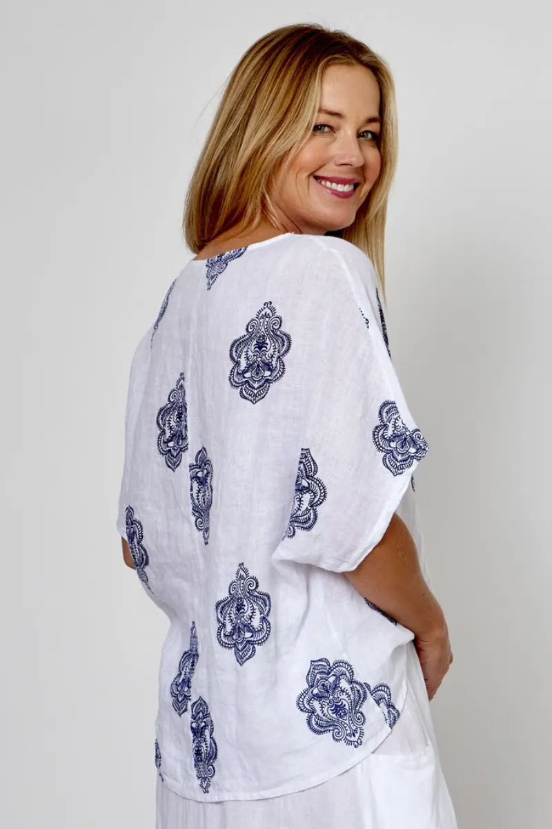 La Strada Linen Paisley Navy Print Top