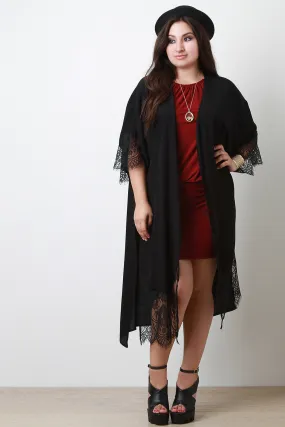 Lace Accent Longline Slit Cardigan