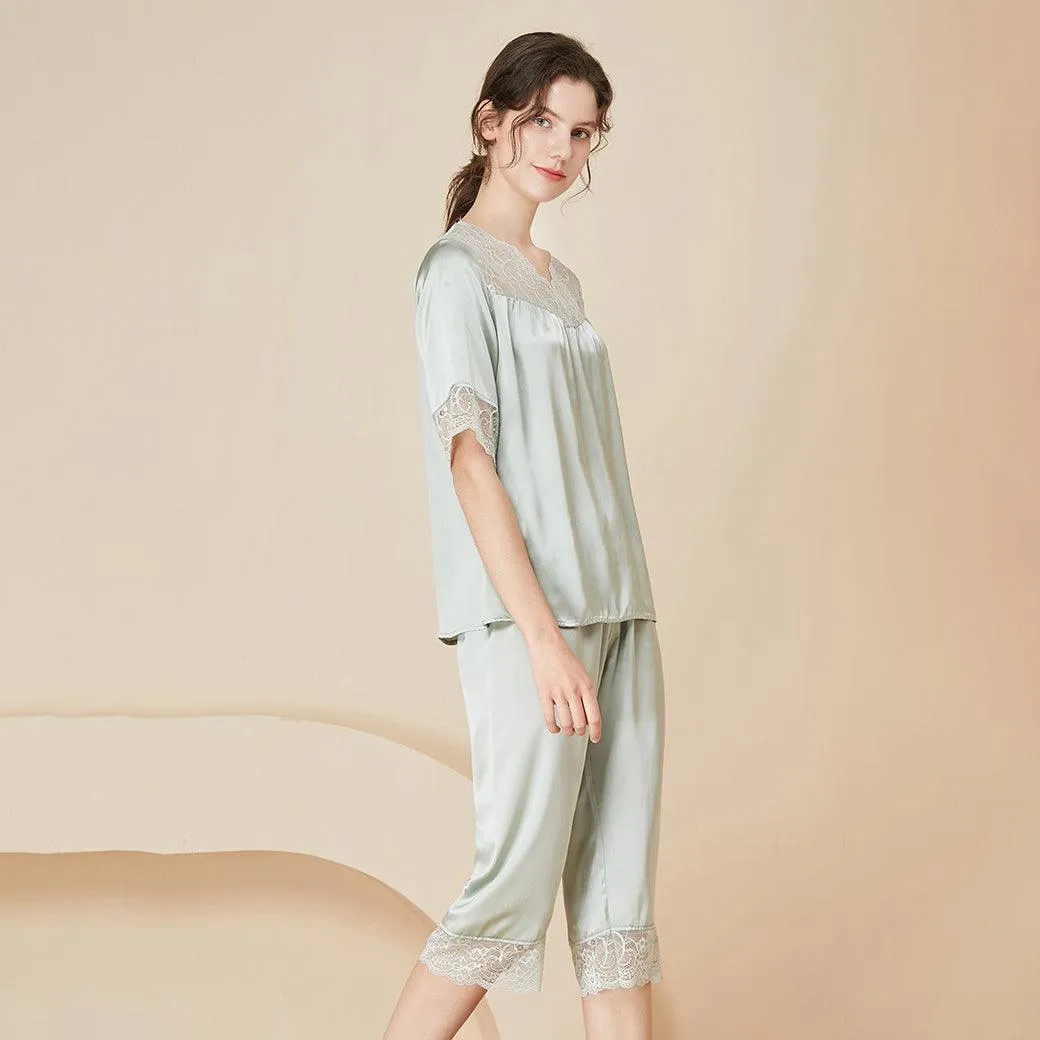 Ladies Elegant  Silk Pajamas Set Sexy Lace Short Sleeves Silk Sleepwear