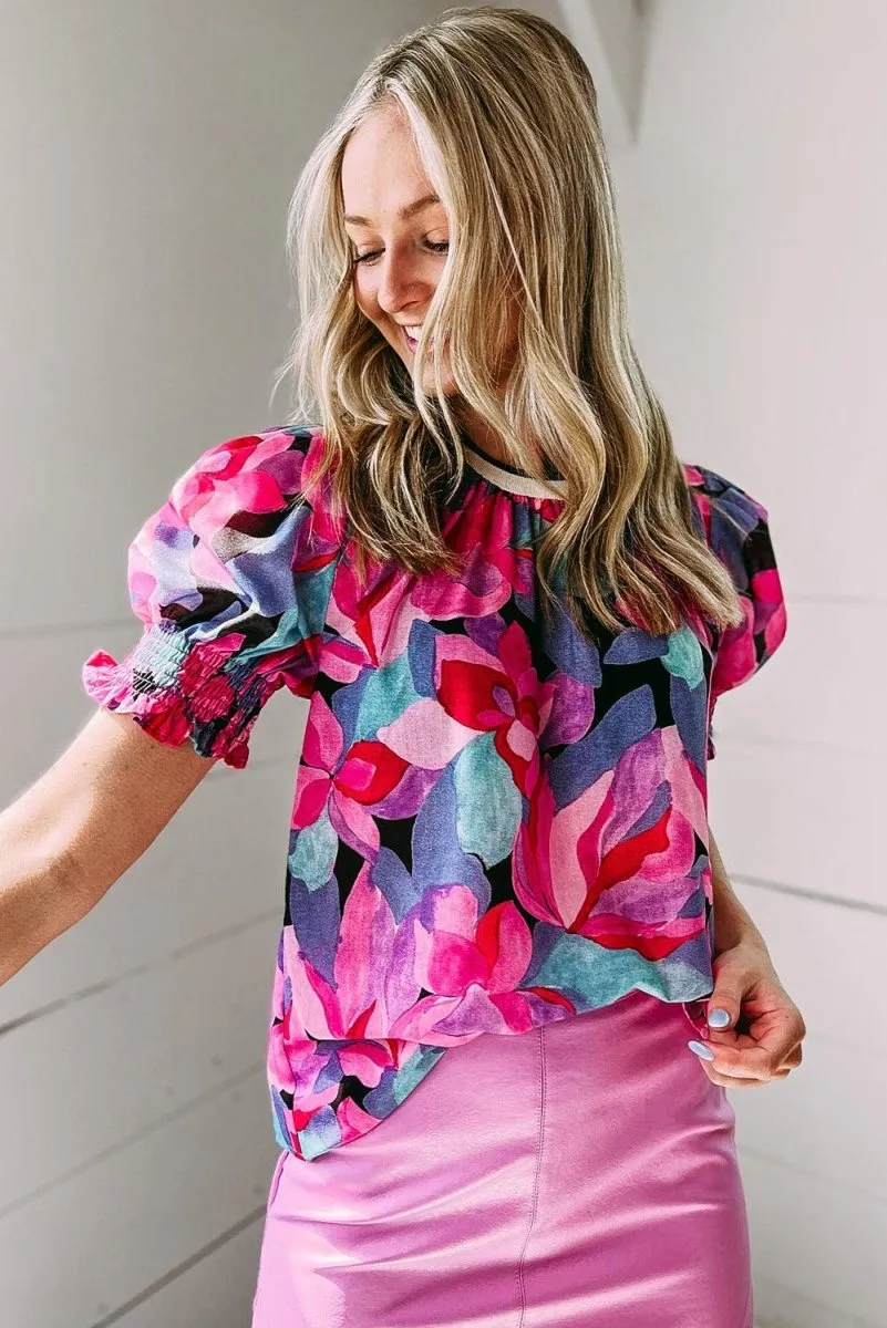 Lilac Floral Shirred Puff Sleeve Blouse