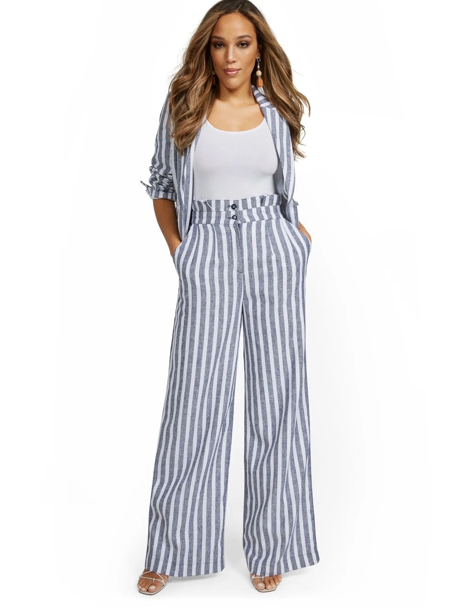 Linen-Blend Nautical Stripe Paperbag Wide-Leg Pant