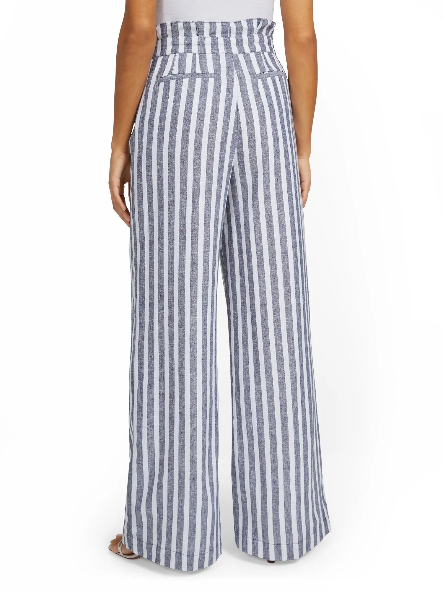 Linen-Blend Nautical Stripe Paperbag Wide-Leg Pant