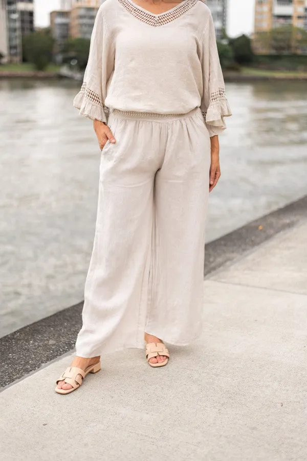 Linen Lace Trim Pants Sand