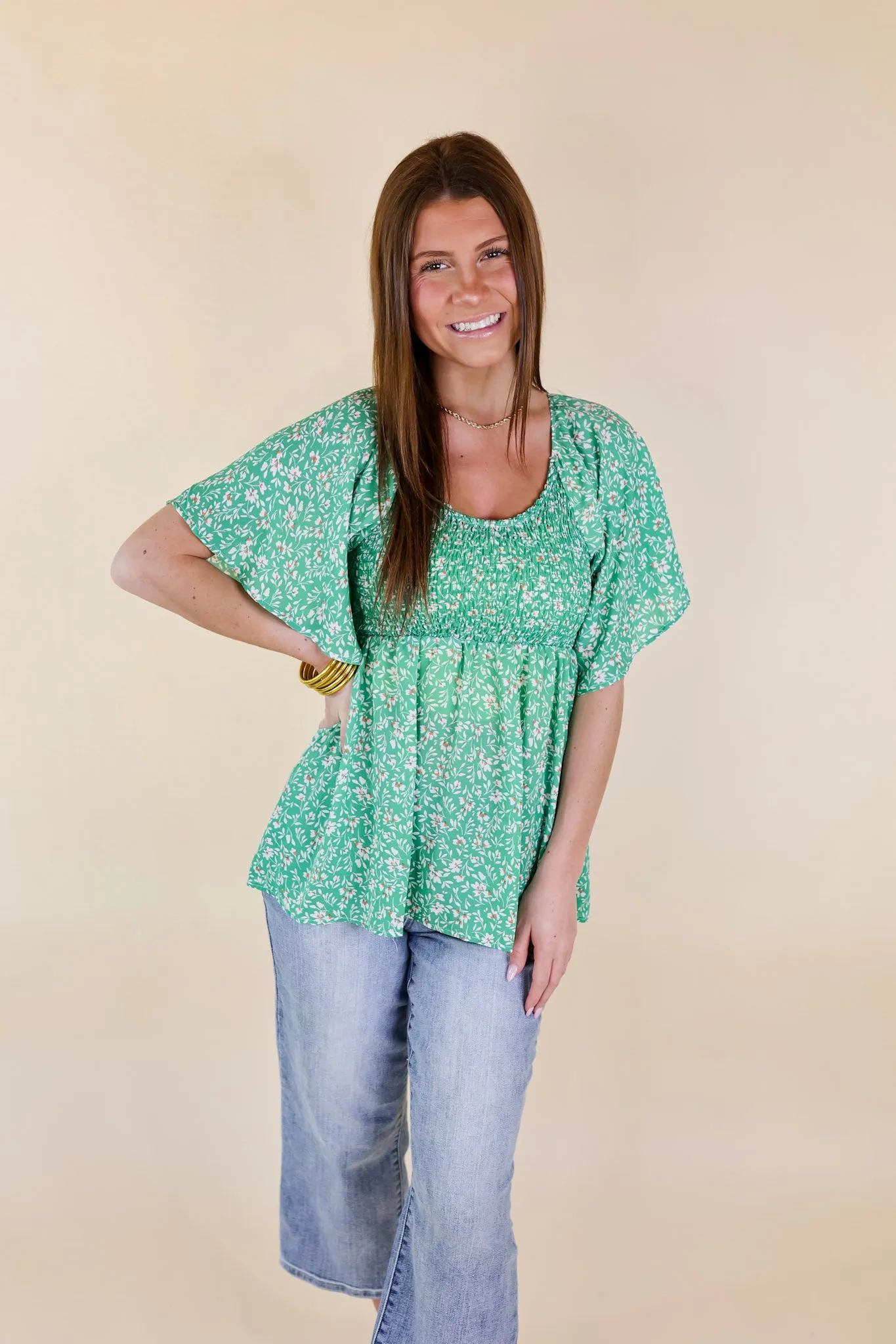 Little Coastal Town Floral Short Sleeve Top with Smocked Bodice in Green