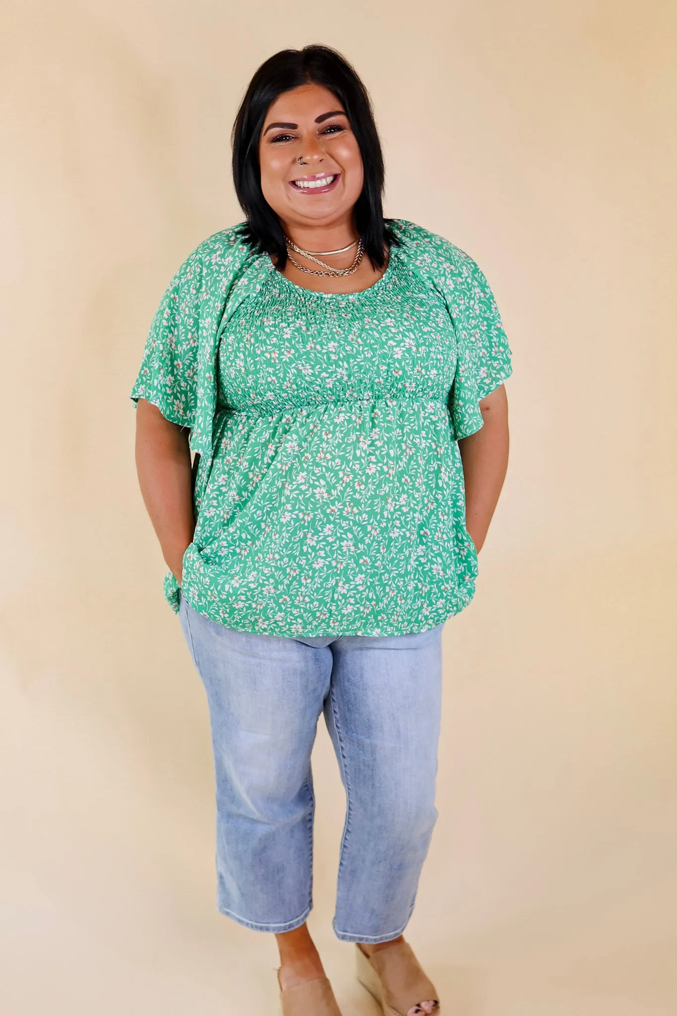 Little Coastal Town Floral Short Sleeve Top with Smocked Bodice in Green