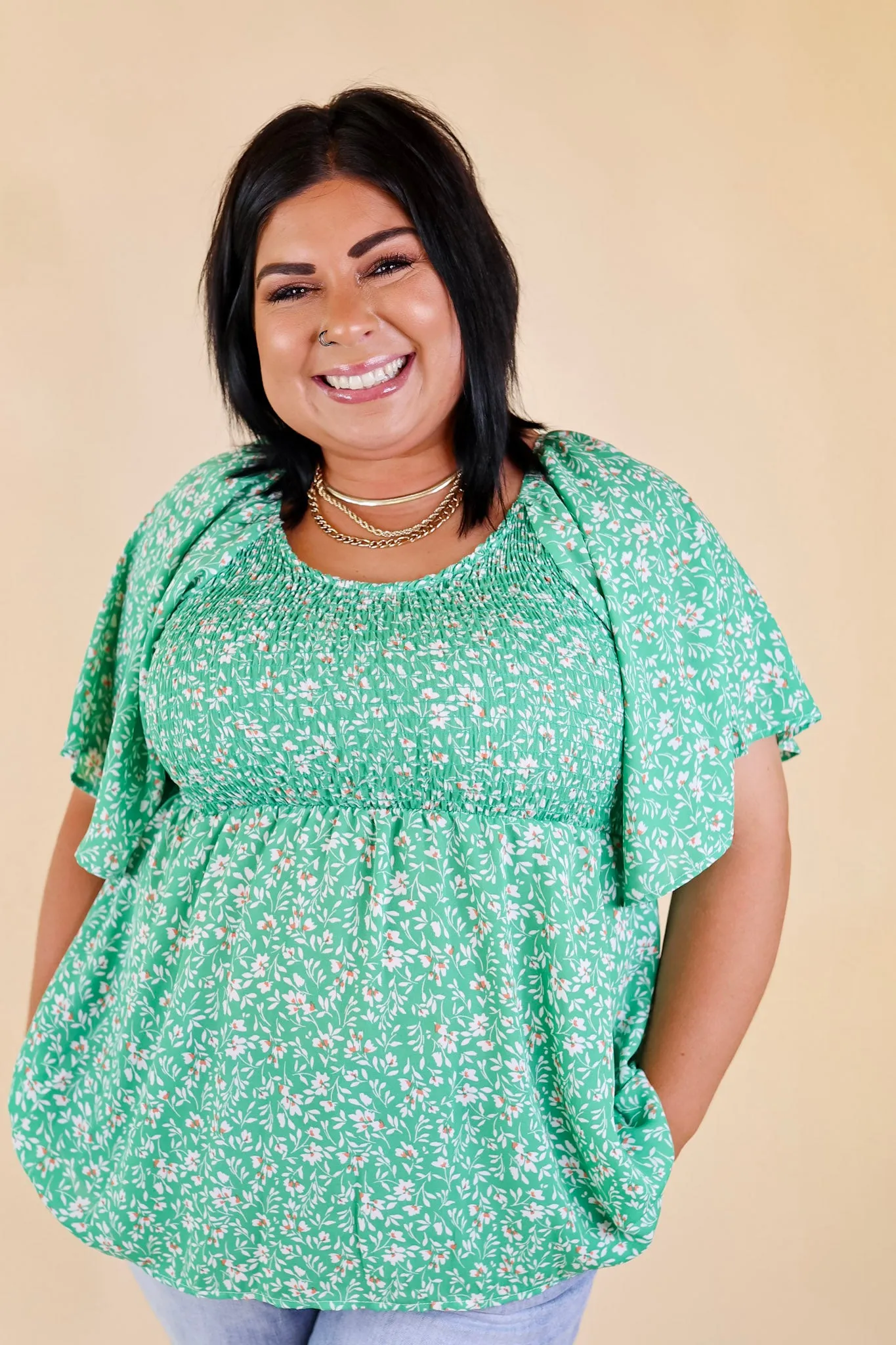 Little Coastal Town Floral Short Sleeve Top with Smocked Bodice in Green