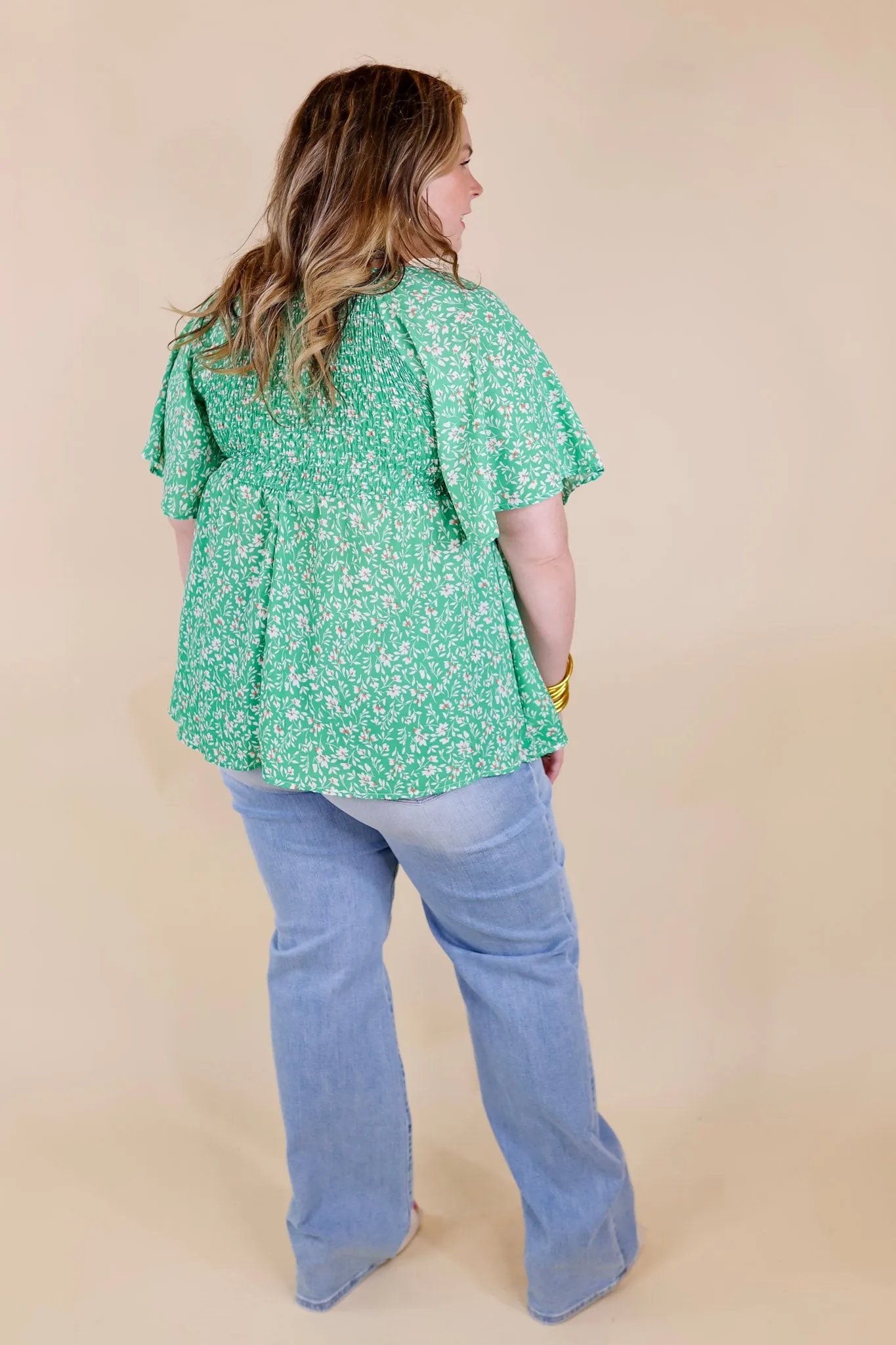 Little Coastal Town Floral Short Sleeve Top with Smocked Bodice in Green