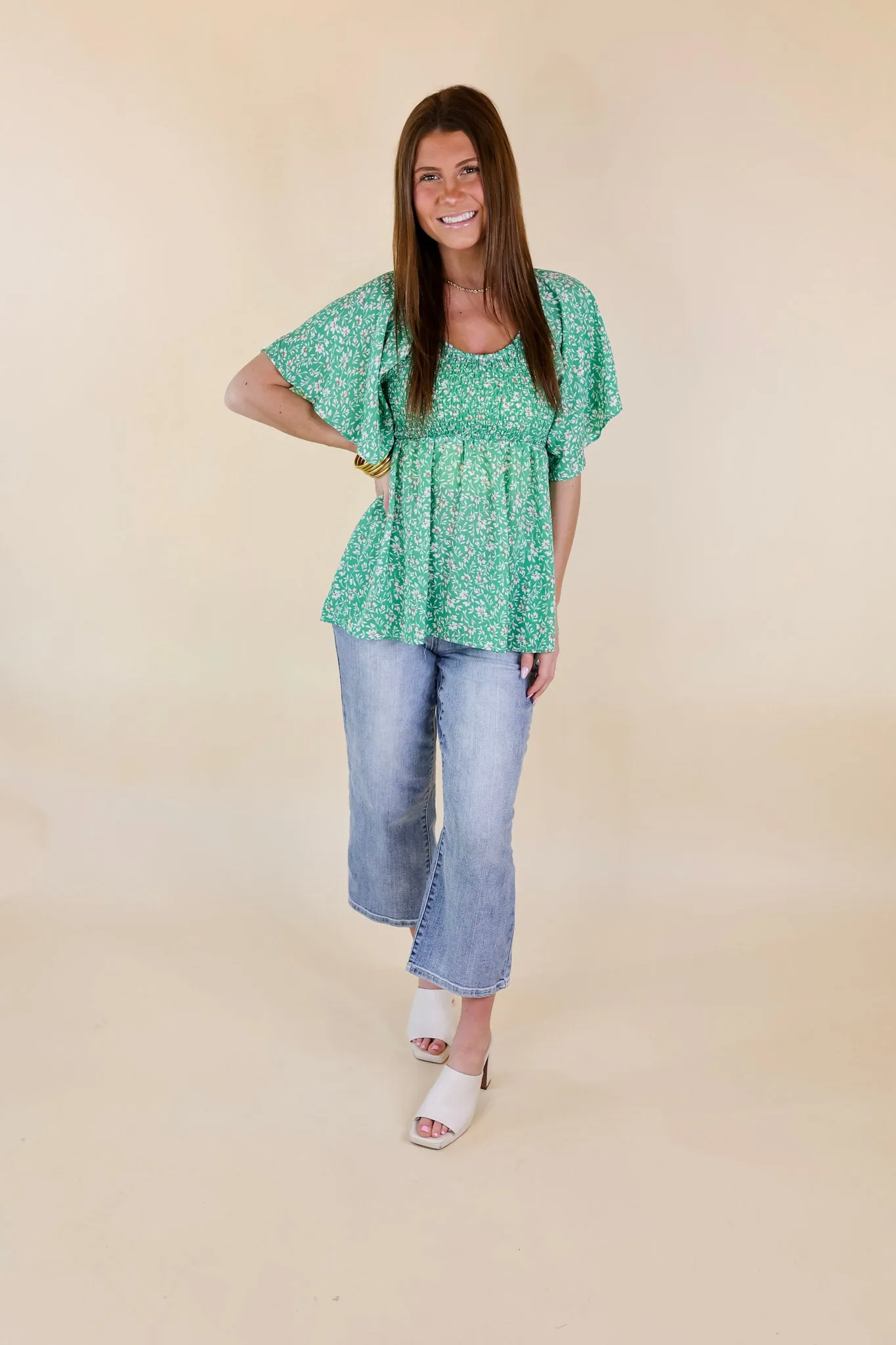 Little Coastal Town Floral Short Sleeve Top with Smocked Bodice in Green