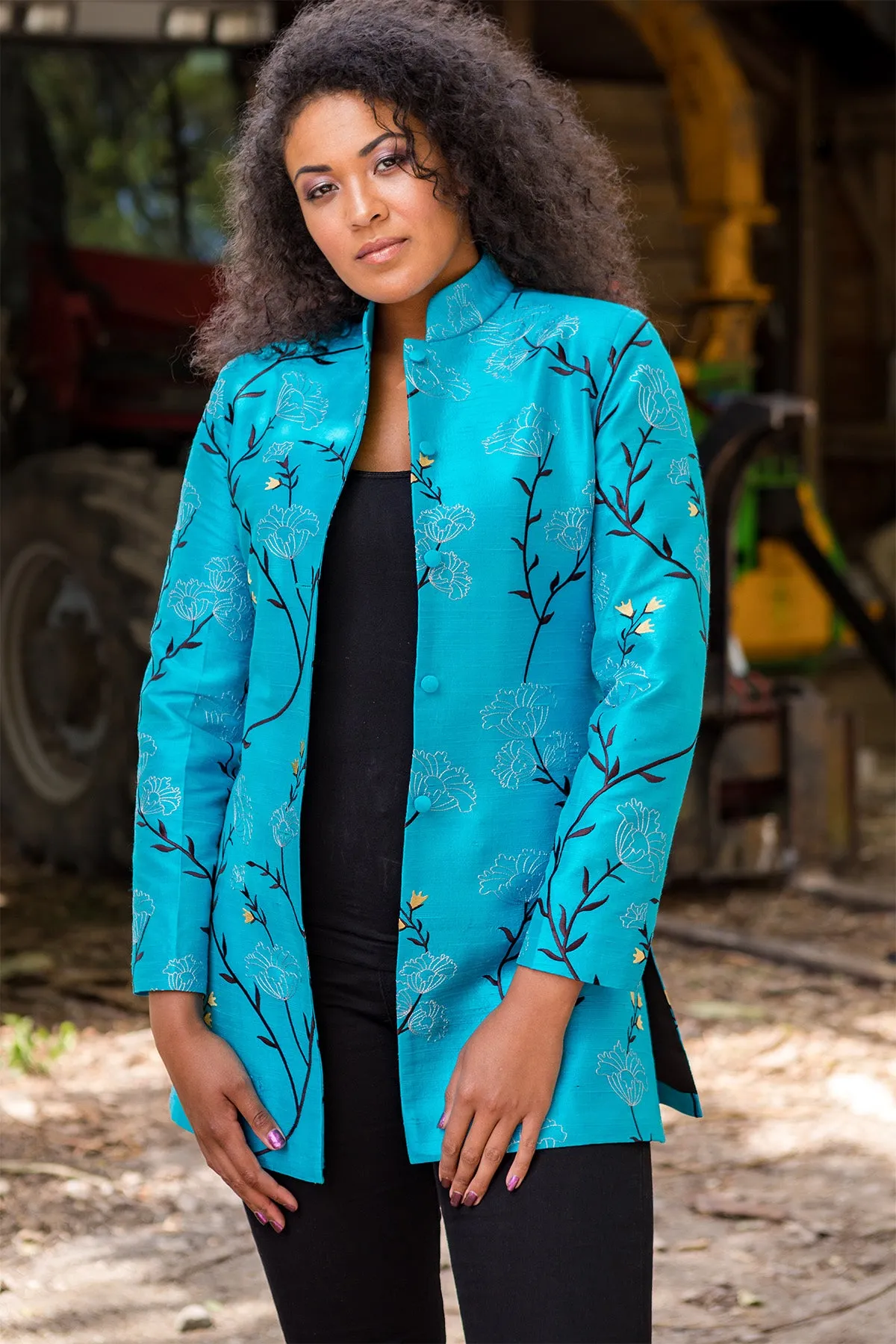 Long Nehru Jacket in Brilliant Turquoise