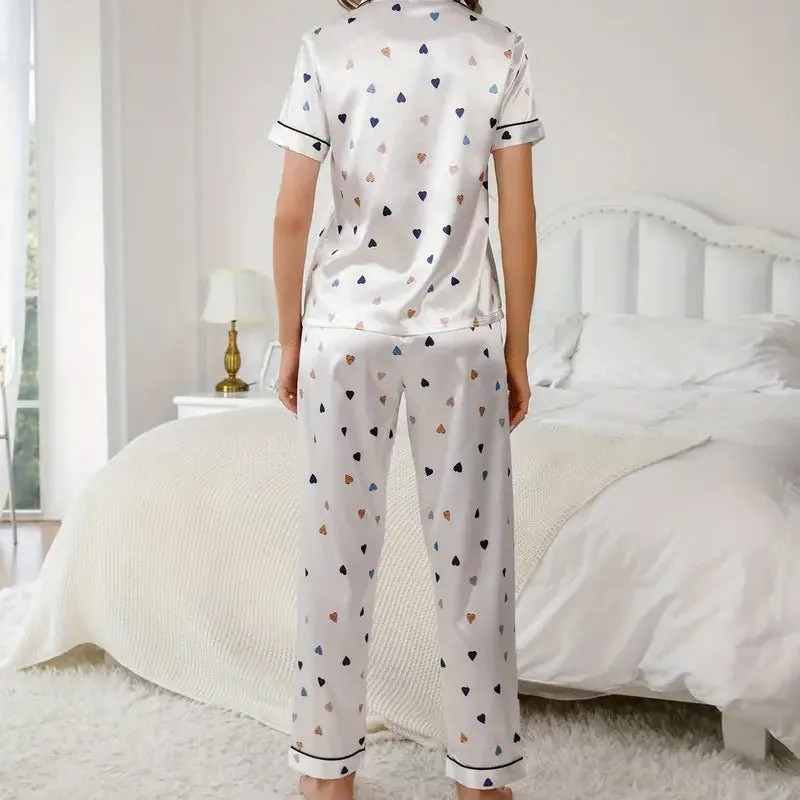 Love Heart  Print Silk Pyjamas Set Mulberry Long Silk Sleepwear