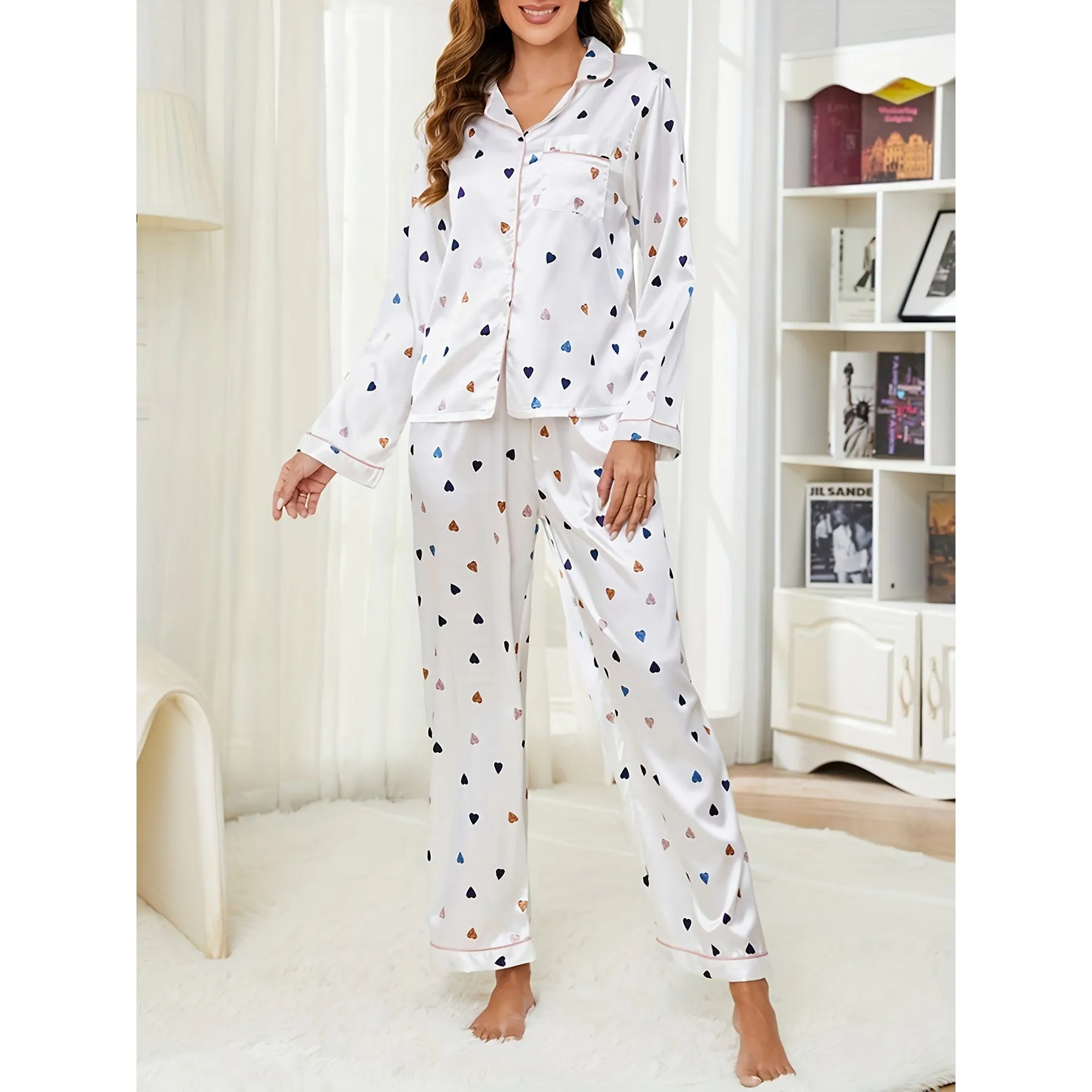 Love Heart  Print Silk Pyjamas Set Mulberry Long Silk Sleepwear