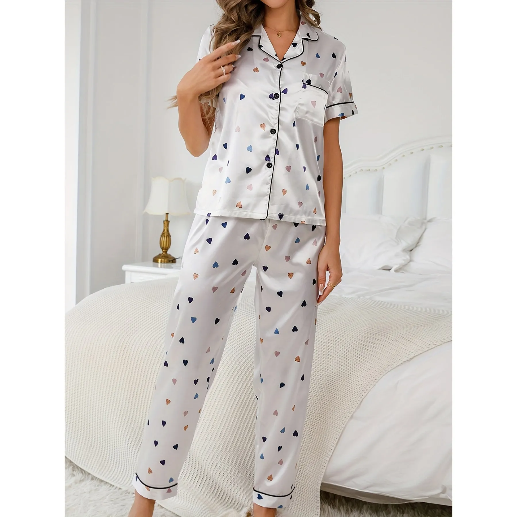 Love Heart  Print Silk Pyjamas Set Mulberry Long Silk Sleepwear