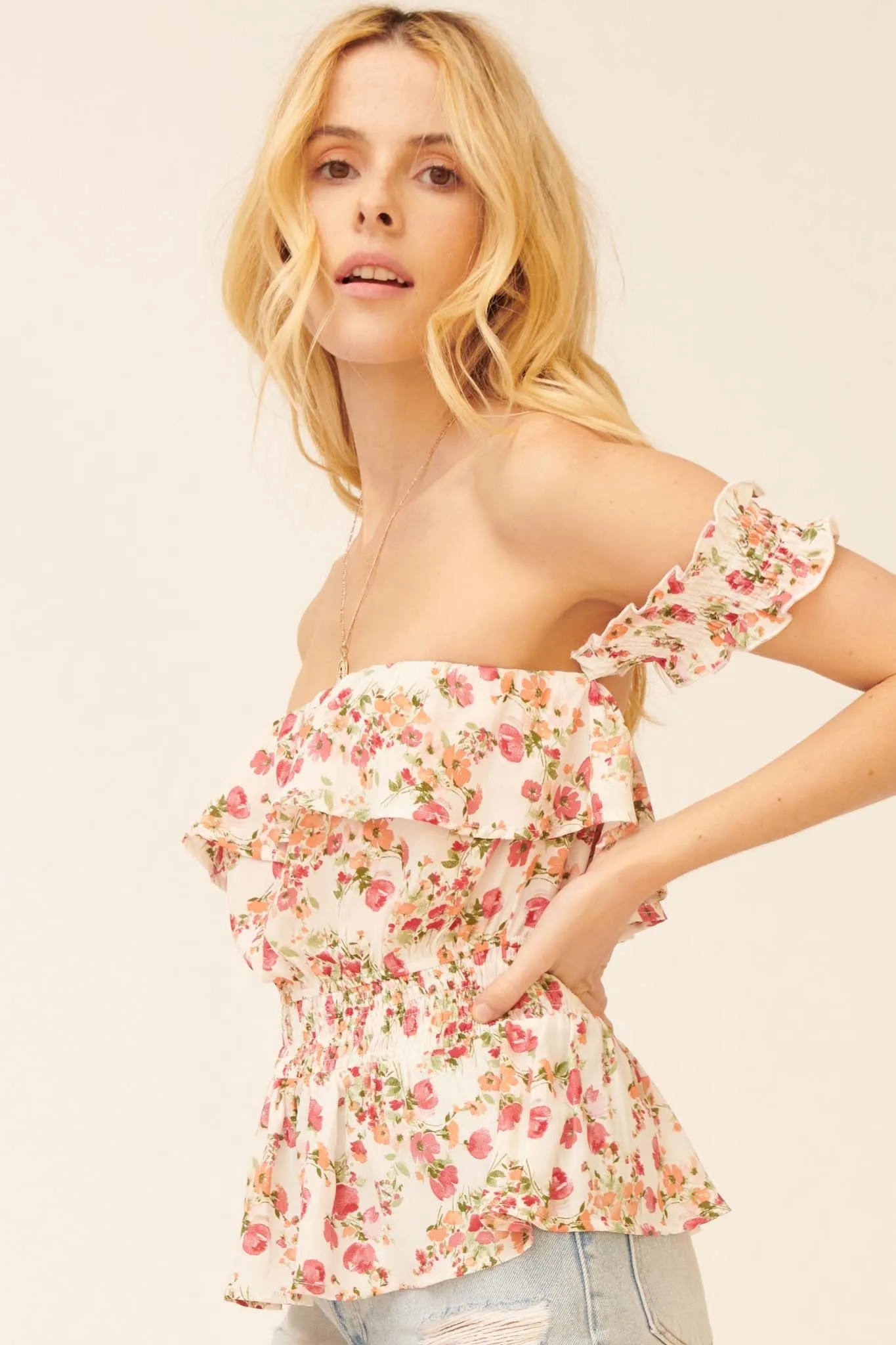 Lovely Blooms Ruffled Floral Off-Shoulder Top