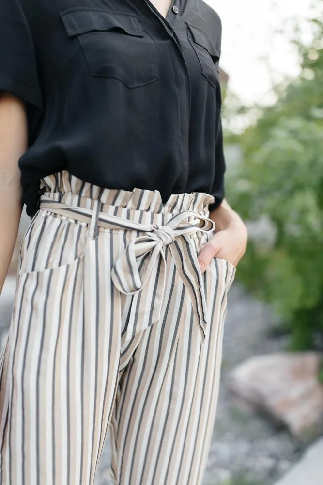 Lucy Paperbag Stripe Pants in Taupe