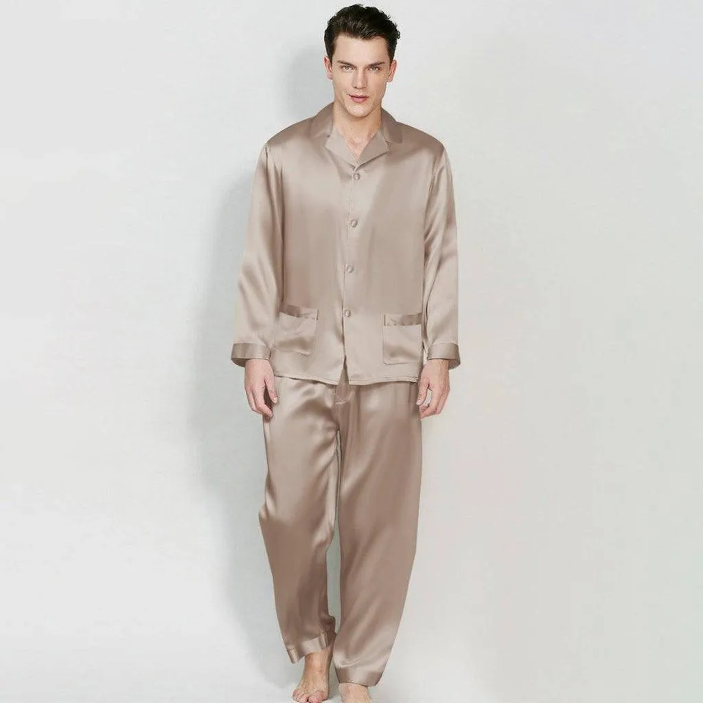 Mens Long Sleeves Silk Pyjamas Set 100% Mulberry Silk Two Piece Solid Nightwear Sleepwear