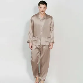 Mens Long Sleeves Silk Pyjamas Set 100% Mulberry Silk Two Piece Solid Nightwear Sleepwear