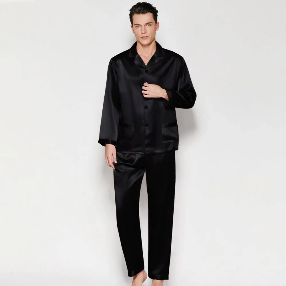 Mens Long Sleeves Silk Pyjamas Set 100% Mulberry Silk Two Piece Solid Nightwear Sleepwear